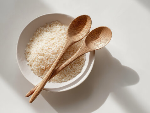 Cinematic, high-resolution view of a white serving dish with a wooden serving fork and spoon placed across it. A small pile of whole grain rice is on the dish, creating a simple, organic look on a bri