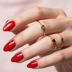 Close-up of a woman's hand adorned with gold rings featuring gemstones and vibrant red nail polish.