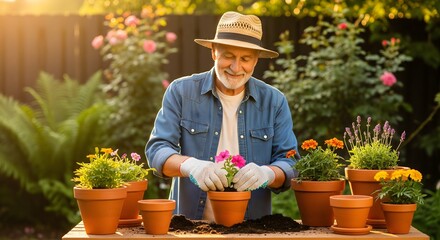 Smiling Senior Man Planting Pink Flower in Garden Pot