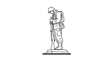 Line Art Illustration of a Soldier in Uniform, Standing at Attention.