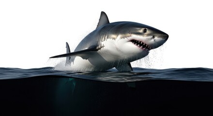 Obraz premium Great white shark breaching the water surface with its mouth open isolated on white background