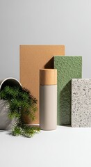 Minimalist Still Life with Water Bottle Greenery and Textured Tiles for Lifestyle Photography