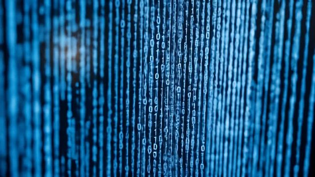 Vertical Display Of Blue Binary Code Lines Against Black Background Representing Digital Data Flow