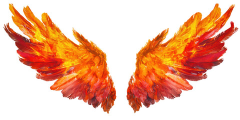 Two fiery wings against a white background. The concept of fire and wings.