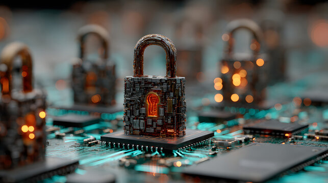 Cybersecurity concept with digital padlocks and futuistic network protection o a glowing blue circuit bord representing secure infrmation technology, data pivacy, and advanced web sevices for bu