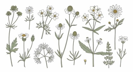 Collection of Delicate Hand Drawn Wildflowers and Meadow Plants with Detailed Botanical Illustrations Suitable for Nature Themed Designs and Artistic Projects