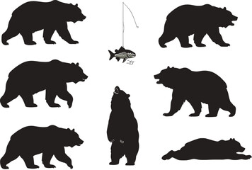 Black Bear Silhouette Vector Collection with Fish and Various Poses for Wildlife Illustrations, Outdoor Designs, Nature Art, and Education