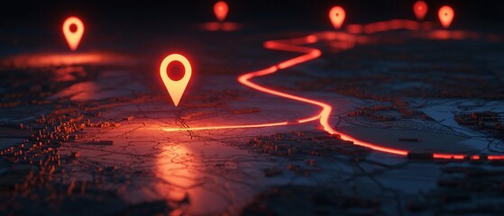 Glowing Red Route on Topographical Map with Location Pins in Dark Ambiance