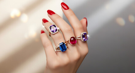 A woman's hand adorned with several large, colorful gemstone rings, showcasing vibrant red nail polish.