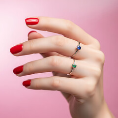 Close-up shot of a woman's hand wearing two heart-shaped gemstone rings with red nail polish.
