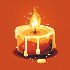 A lit cylindrical candle with dripping wax on a plain background,
