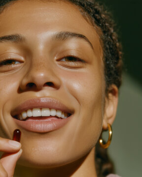 A girl with earrings holds a capsule pill. Concept of skincare and youth.