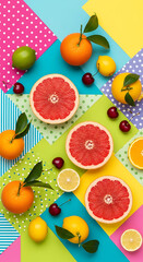 Colorful arrangement of citrus fruits, cherries, and patterned backgrounds.