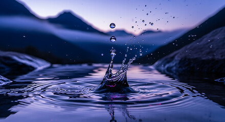Water droplet splash in a tranquil mountain lake at dawn.
