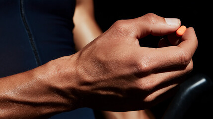 Close-up of a man's hand holding a pill. Concept of fitness, health, and strength.
