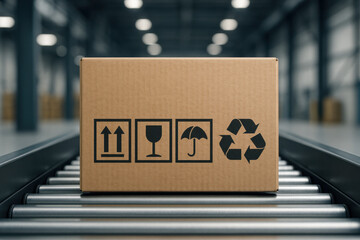 Fragile cardboard box with handling symbols on conveyor belt in warehouse