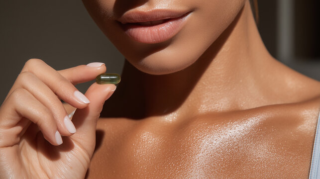 A young woman holds a capsule pill in her hand. Vitamins for skin and rejuvenation.

