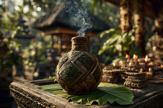 Botol arak Bali berbalut anyaman daun kelapa muda, dletakkan di altar kecil degan dupa menyala, latar beakang pura dan sinar matahri pagi, sangat detail danatmosferik
