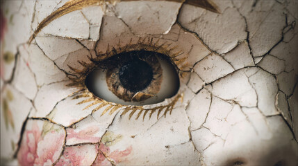 Close-up of a cracked porcelain doll face with a realistic eye peeking through damaged paint and aged surface
