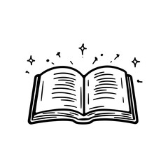 Open book with shining stars and sparkles floating above the pages in a black and white illustration