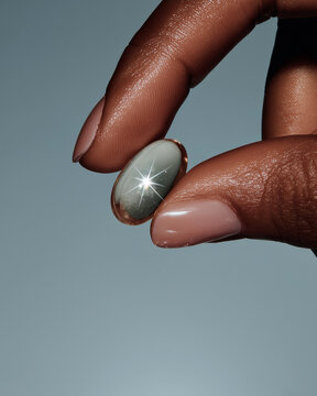 Close-up of a woman&rsquo;s fingers holding a vitamin pill. Vitamins for skin and rejuvenation.