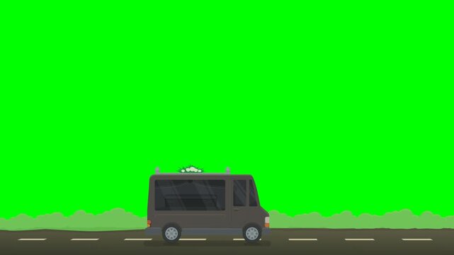 Animation loop of a hearse van driving on a road with bushes on a green screen, white background and alpha channel (flat design)