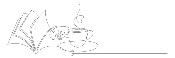 Continuous line drawing of a cup of latte coffee with book vector illustration 1