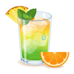 Summer detox iced herbal drink with tropical fruits, pineapple, and mint, a refreshing vector illustration for a healthy, vibrant lifestyle