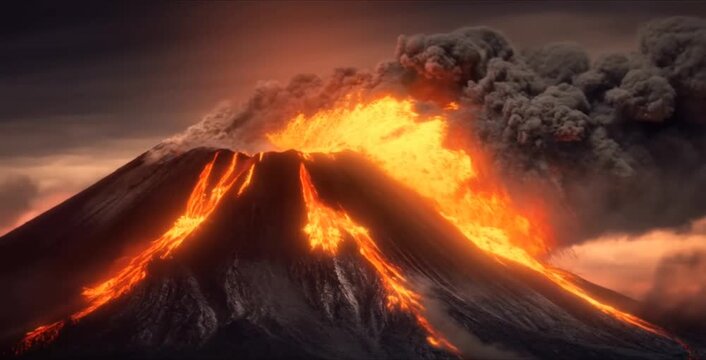 Volcano erupting with lava flow and ash cloud