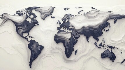 Intricate layered paper art depicting a world map with topographical contours in shades of white and gray.