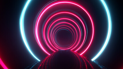 Obraz premium Futuristic Neon Tunnel with Glowing Red and Blue Circular Lights in a Dark Sci-Fi Environment 