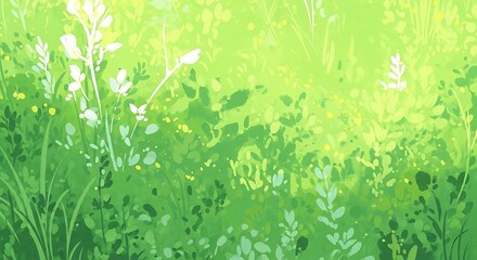 Green field with plants and leaves on a sunny day.