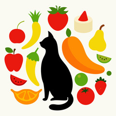 Vector art illustration of fruits and vegetables scattered around a cat
