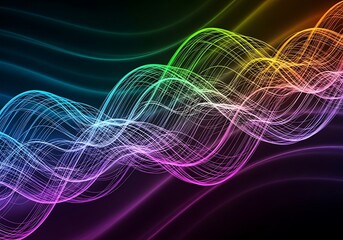 Obraz premium Abstract waveform of glowing digital particles and lines in rainbow colors.