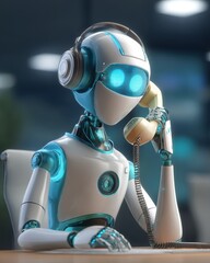 3D AI Robot Assistant Answering Call Center Phone with Headset.