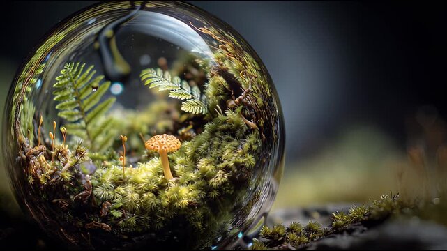 Magical miniature world thriving within glass sphere, an immersive terrarium showing serene macro view of tiny ecosystem with delicate green fern, moss, and mushroom