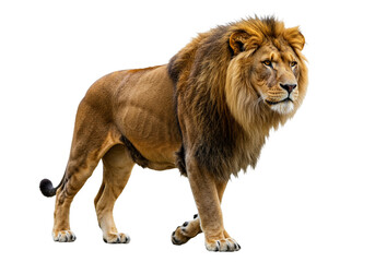 Obraz premium Side view of a Lion walking, looking at the camera, Panthera Leo, 10 years old, isolated on white transparent background