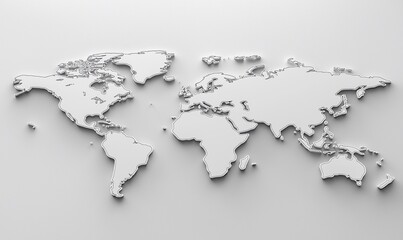 Minimalist White World Map with Shadow Detailing on a Light Gray Background