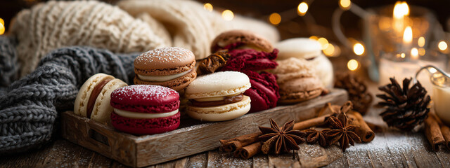 Assorted colorful macarons in a wooden tray with cinnamon sticks, star anise, and cozy holiday lights in the background, festive dessert photography
