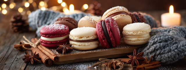 Assorted colorful macarons in a wooden tray with cinnamon sticks, star anise, and cozy holiday lights in the background, festive dessert photography