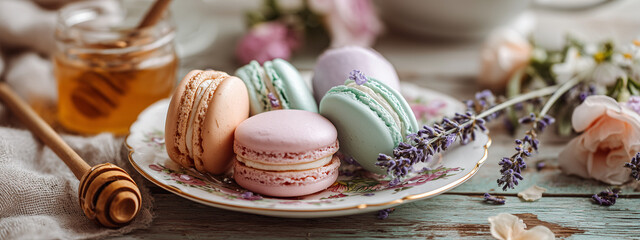 Assorted pastel macarons with honey and lavender on floral plate &ndash; elegant French dessert with rustic romantic background