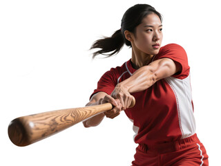 A determined female athlete swings a wooden baseball bat, focused on the game.