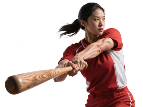 A determined female athlete swings a wooden baseball bat, focused on the game.