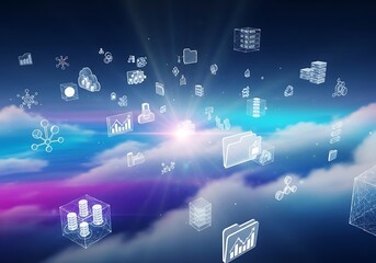 Naklejka premium Digital cloudscape with floating icons representing online services and data in a futuristic sky.