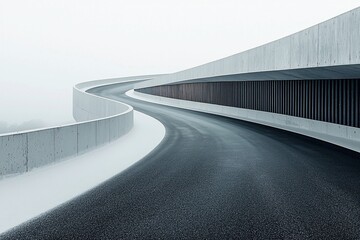 Modern Concrete Overpass Winding Road in Fog
