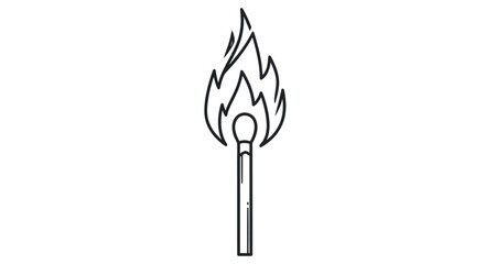 Lit Matchstick with Fiery Flame, Line Art Illustration.