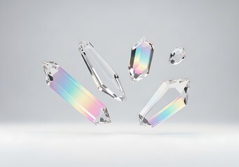 Modern abstract arrangement of holographic geometric prisms and crystals refracting rainbow light in a clean studio setting.