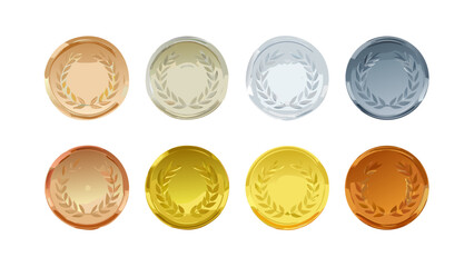 Collection of gold silver bronze metal coins with laurel wreath design award achievement and success concept 100
