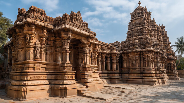 Ancient Hindu temple with intricate stone carvings and traditional Dravidian architecture under a clear blue sky
