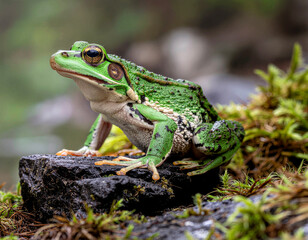 Obraz premium Close up macro portrait of green tree frog sitting on rock with detailed textured skin, big golden eye, isolated on blurred natural background, wildlife photography of amphibian reptile